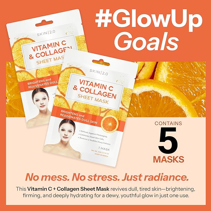 Skin 2.0 Vitamin C & Collagen Sheet Mask - Anti-Aging, Wrinkle & Age Spot Reducer, Hydrating & Moisturizing - Dermatologist Tested Korean Skincare, Clean Beauty, Cruelty-Free, All Skin Types - 5 Masks