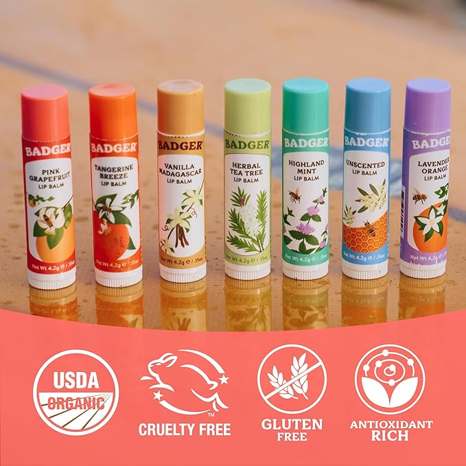 Badger Pink Grapefruit Classic Lip Balm, 100% Organic Lip Balm, Long Lasting Lip Care w/Light Silky Texture, Refreshing & Uplifting, 4 Pack