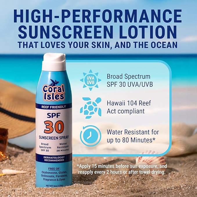 Coral Isles SPF 30 Sunscreen Spray - Hawaii Reef Safe Compliant - Oxybenzone & Octinoxate Free - Broad Spectrum - Water Resistant, 6 Fl Oz (Pack of 3)