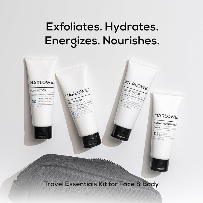 MARLOWE. Mens Face and Body Mini Kit – TSA Friendly Body Wash, Body Lotion, Facial Scrub & Facial Moisturizer (3.4 oz Each)