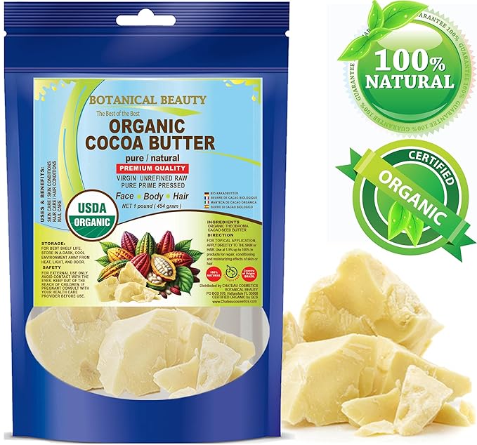 Botanical Beauty Organic COCOA BUTTER WILD GROWTH RAW VIRGIN UNREFINED from BRAZIL for Face, Skin, Hair, Body, Nails 1LB 454 gram. Rich in Vitamin E