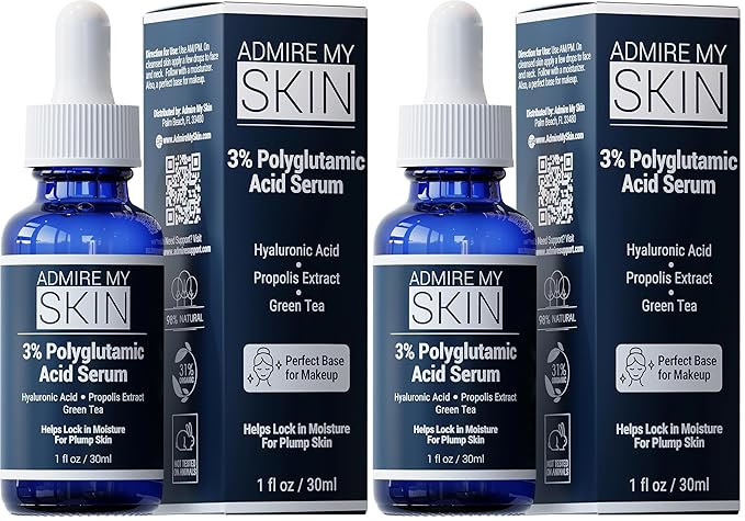 Admire My Skin Organic Polyglutamic Acid Facial Serum - Powerful Hydration & Anti Aging + Hyaluronic Acid + Propolis 1oz (Pack of 2)