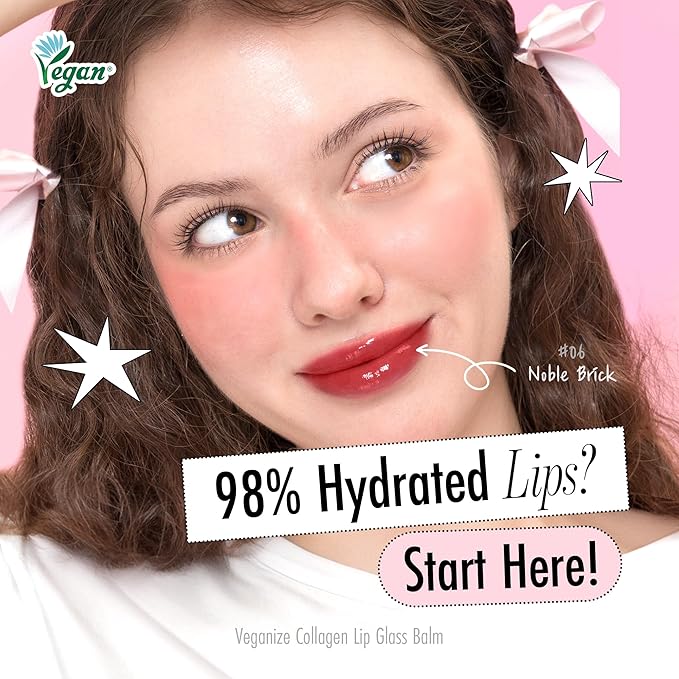 self beauty Veganize Collagen Lip Glass Balm - Hydrating Lip w/Hyaluronic Acid - Vegan Korean Lip Balm Moisturizing Lip Care – Lip Gloss Repair for Dry Cracked Lips 0.06 oz (#6 Noble Brick)