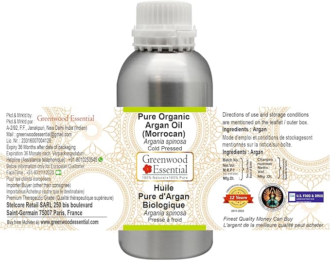 Greenwood Essential Pure Organic Argan (Moroccan) Oil (Argania spinosa) Cold Pressed 300ml (10 oz)