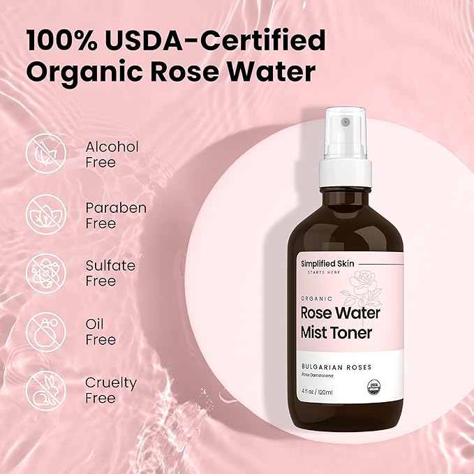 Rose Water Spray for Face & Hair – Pure USDA Organic Rosewater Toner – Refreshing Mist for Skin Care, Makeup & Locs – Natural Rose Scent, 4 Oz (3 Pack)