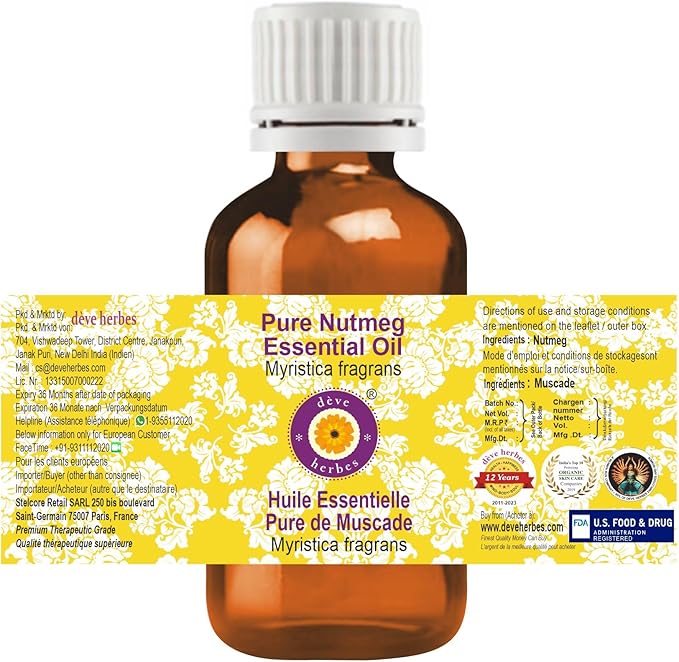 dève herbes Pure Nutmeg Essential Oil (Myristica fragrans) Steam Distilled (Pack of Five) 100ml X 5 (16.9 oz)
