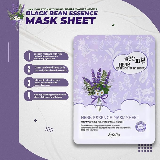 esfolio Herb Essence Face Mask – Hydrating & Nourishing Sheet Masks, Herbal Extract-Infused Skincare, Soothing & Moisturizing Facial Masks for All Skin Types (Pack of 10)