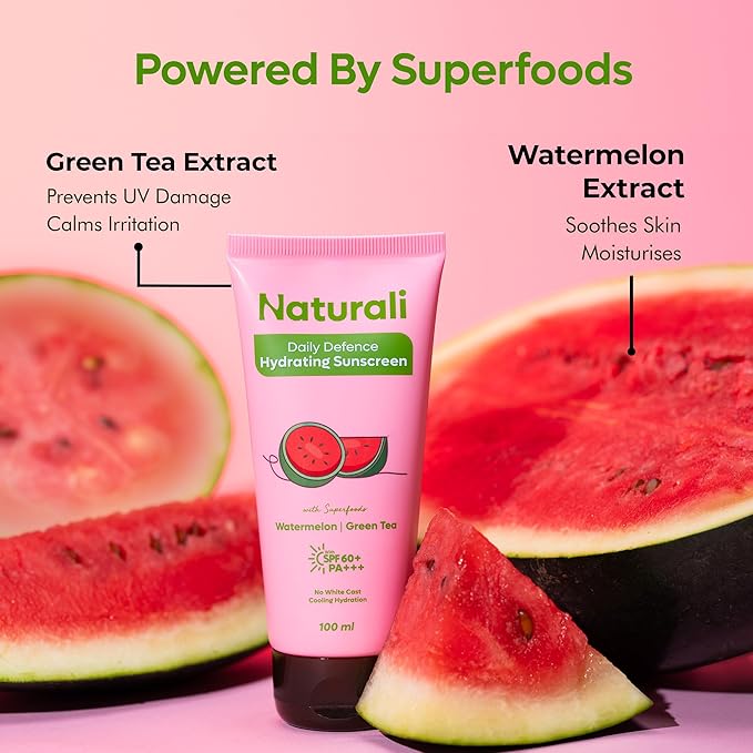 Naturali Daily Defence Sunscreen | SPF 60+ PA+++ UVA/UVB Protection | No White Cast | Cooling & Hydrating | Blends Easily | Non-sticky | Non-greasy | Watermelon & Green Tea Sunscreen | 100ml