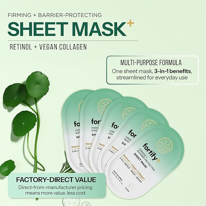 Fortify Skincare Face Mask with Retinol and Collagen - Dermatologist Tested, Anti Aging - Firming & Barrier Protecting - 3-in-1: Detox - Treat- Boost - Clean Beauty, Korean Skin Care, 10 Sheet Masks