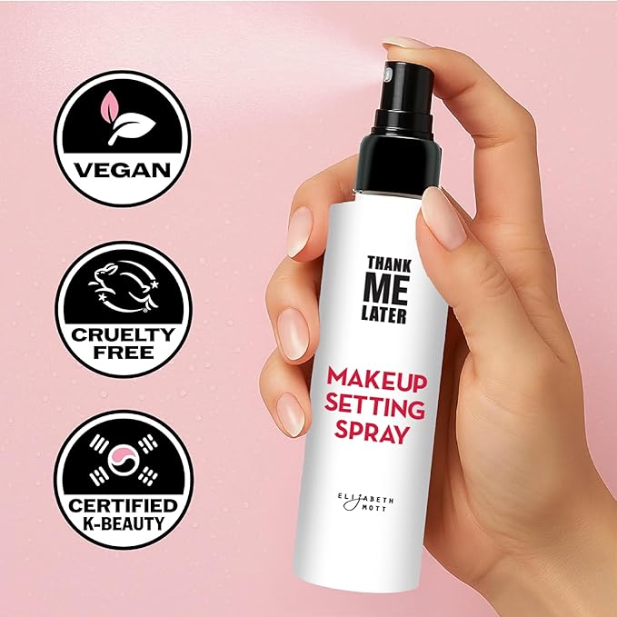 Elizabeth Mott Thank Me Later 3-in-1 Dewy Makeup Setting Spray – Hydrating & Long-Lasting Fine Mist with Niacinamide for a Radiant Glowy Look – Lightweight, Cruelty-Free, Travel-Size Face Spray, 30ml