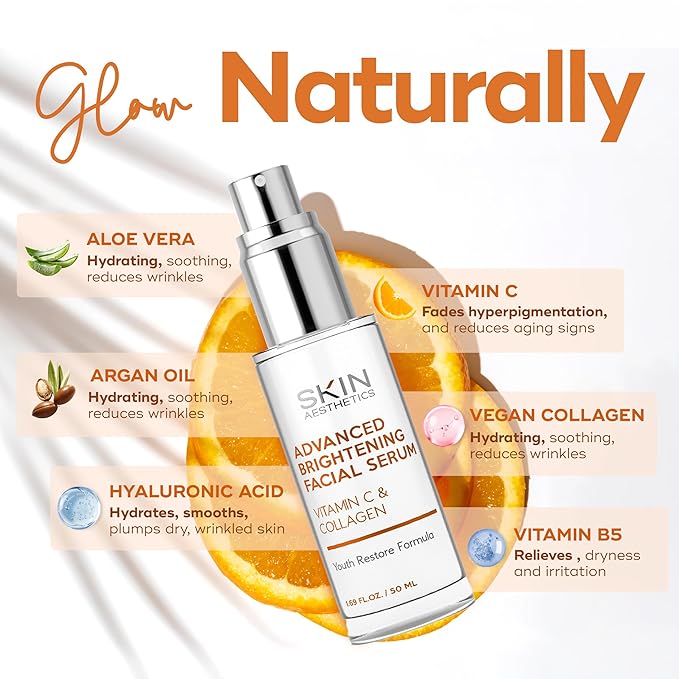 Skin Aesthetics Vitamin C Serum For Face - Dermatologist Tested - with Collagen For Dark Spots, Skin Brightening, Anti-Aging & Acne + Fine Lines & Wrinkles - Vegan, Clean Beauty Korean Skin care