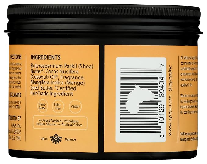 AYÉYA Whipped Shea Body Butter – Vibration – Mango, Lemon, and Cedarwood – Energizing Vegan Body Cream for Dull, Dry, or Uneven Skin – Shea, Coconut, and Mango Blend – 5 oz