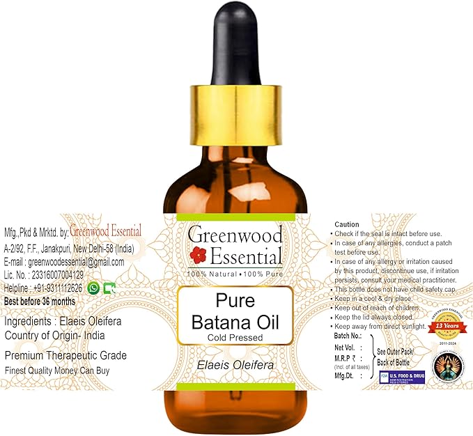 Greenwood Essential Pure Batana Oil (Elaeis Oleifera) Cold Pressed With Glass Dropper 5ml (0.16 oz)