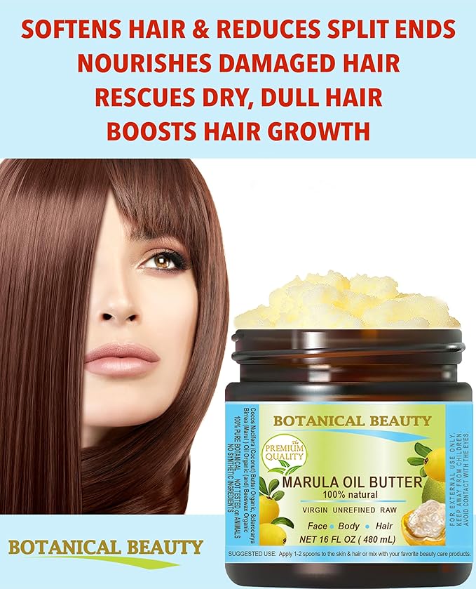 Botanical Beauty MARULA OIL BUTTER RAW VIRGIN UNREFINED for Face, Body, Hair, Lip, Nails, Dry Skin, Cracked Hands, Rosacea, Eczema, Rashes, Itchiness, Redness, Anti-Aging (8 Fl Oz)
