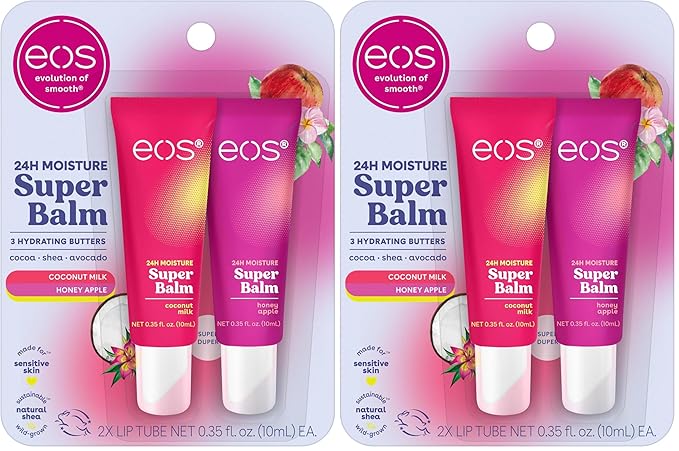 eos 24H Moisture Super Balm - Coconut Milk & Honey Apple,Day or Night Lip Treatment,Made for Sensitive Skin,Lip Balms & Moisturizers,0.35 fl oz,(Pack of 4)