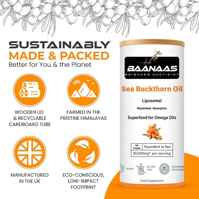 LIPOSOMAL Sea Buckthorn Oil Capsules 30,000mg | 180 Count | High Strength Vegan Supplement | Source of Omega 7 Essential Fatty Acids | No Artificial Preservatives | by Baanaas
