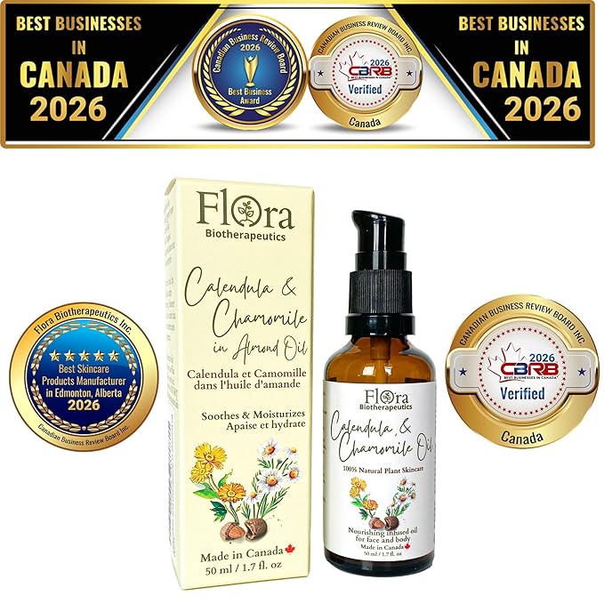 FLORA Organic Calendula & Chamomile Infused in Organic Sweet Almond Oil 100% Pure & Natural Moisturizer for Dry Skin. Revitalize & Protect. 1.7fl oz. Made in Canada