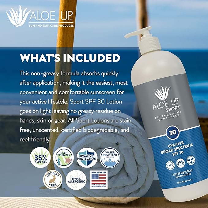 Aloe Up Sport Sunscreen Body Lotion SPF 30 – Broad Spectrum Sunblock with Hydrating Aloe Vera Gel–Non Greasy, No White Cast, Reef Friendly, Water Resistant for up to 80 Minutes,Fragrance Free – 32 Oz
