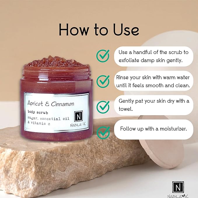 Apricot & Cinnamon Body Scrub Made in USA with Essential Oil and Vitamin C by Nabila K - Exfoliate and Moisturize for Smooth Skin - Luxury for Women & Men, 10 oz