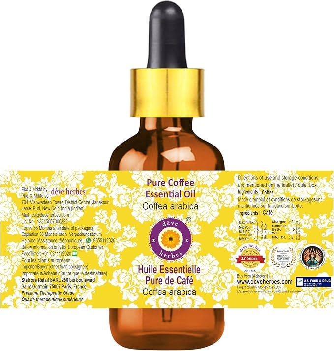 Deve Herbes Pure Coffee Essential Oil (Coffea Arabica) with Glass Dropper Steam Distilled 2ml (0.06 oz)