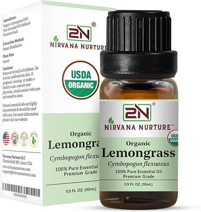 Lemongrass Essential Oil, USDA Certified Organic, 100% Pure Undiluted, Aromatherapy Oil for Diffuser, Hair & Skin Care