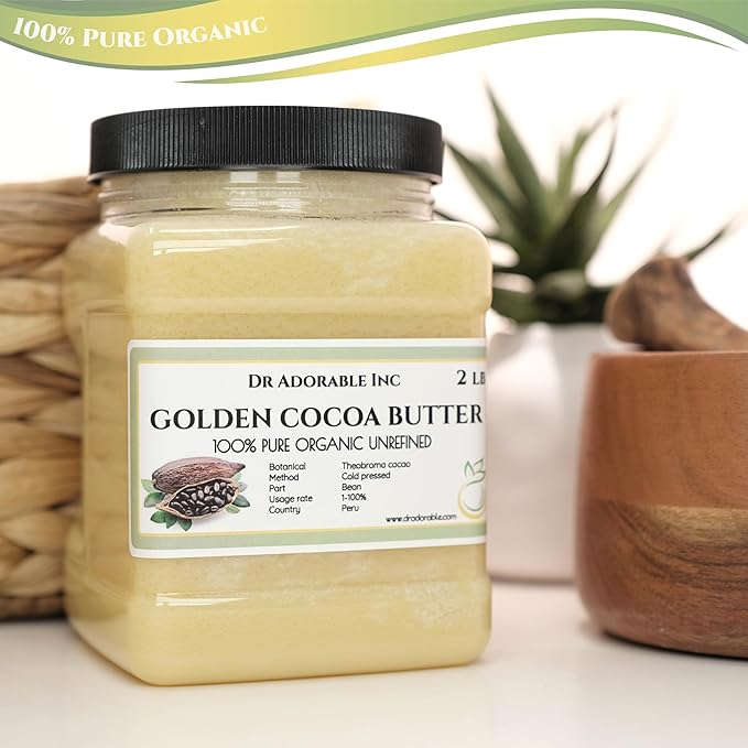 Dr Adorable - 2 lb - Golden Cocoa Butter - Unrefined Pure Natural Organic Raw Prime Pressed