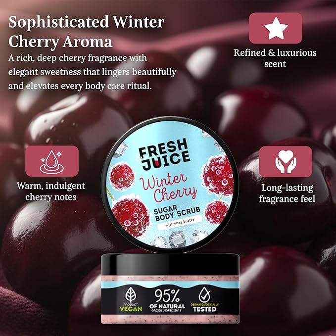 Fresh Juice Winter Cherry Sugar Body Scrub – Gentle Exfoliating Body Scrub with Shea Butter – 95% Natural Ingredients, Vegan – Nourishes, Smooths & Luxurious Care – 6.76 fl oz