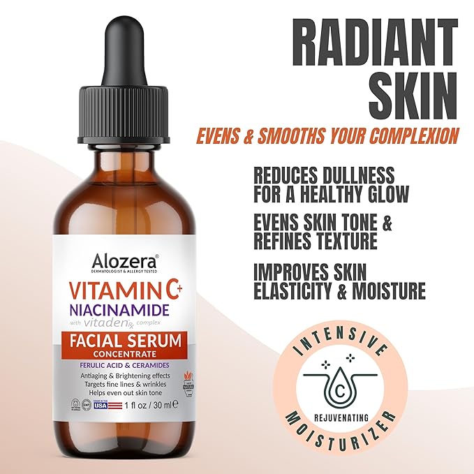 Alozera Face Serum Set of 4 with Retinol, Collagen, Vitamin C, Niacinamide, Hyaluronic Acid & Glycolic Acid, Exfoliating, Hydrating, Brightening, Anti-Aging Skincare, Serum Gift Pack of 4