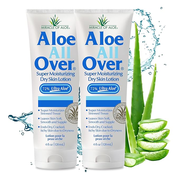 Miracle of Aloe’s Aloe All Over Super Moisturizing Dry Skin Lotion (2-Pack, 4 oz) - Made with 72% UltraAloe Aloe Vera Gel. Safe for Everyone: Men, Women, Kids. Ends Flaking and Restores Dry Skin Fast