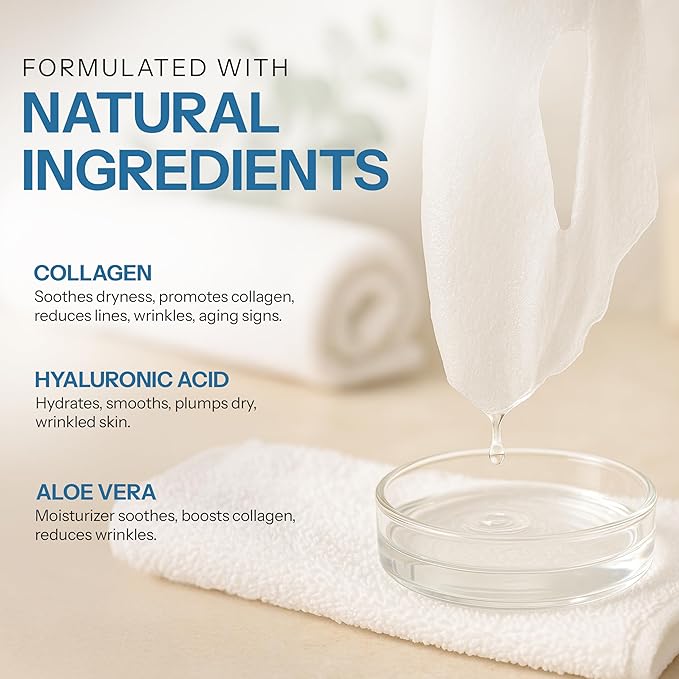 Skin 2.0 Hyaluronic Acid & Collagen Sheet Mask - Hydrating, Anti-Aging, Firming - Dermatologist Tested Korean Skincare - Clean Beauty, Natural Ingredients, Cruelty-Free, All Skin Types - Pack of 5
