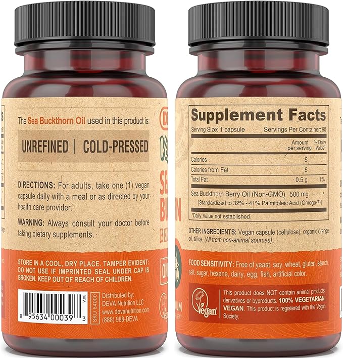 DEVA Vegan Sea Buckthorn Oil Capsules 2-Pack, Omega-7 Fatty Acids, Non-GMO, 90 Count Ea