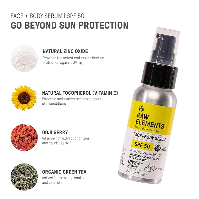 Raw Elements Face + Body Serum SPF 50 All-Natural Mineral Sunscreen - Reef Safe, Water Resistant, Broad Spectrum UVA/UVB Protection, Safe For All Ages, Travel Size 2oz
