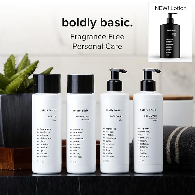 Boldly Basic Fragrance Free Lotion - Moisturizer for Dry and Sensitive Skin - Non Greasy - Unscented - Dermatologist Tested - No Sulfates, Parabens or Gluten - Hypoallergenic - Travel Size (2.5 oz)