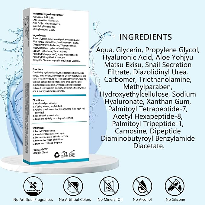 2.3% Hyaluronic Acid Serum for Face with 1% Snail Secretion Filtrate Deep Moisturizing Anti-Aging Anti-Wrinkle (3Pack-Each 15g)