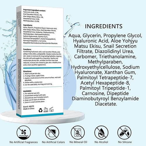 2.3% Hyaluronic Acid Serum for Face with 1% Snail Secretion Filtrate Deep Moisturizing Anti-Aging Anti-Wrinkle (3Pack-Each 15g)