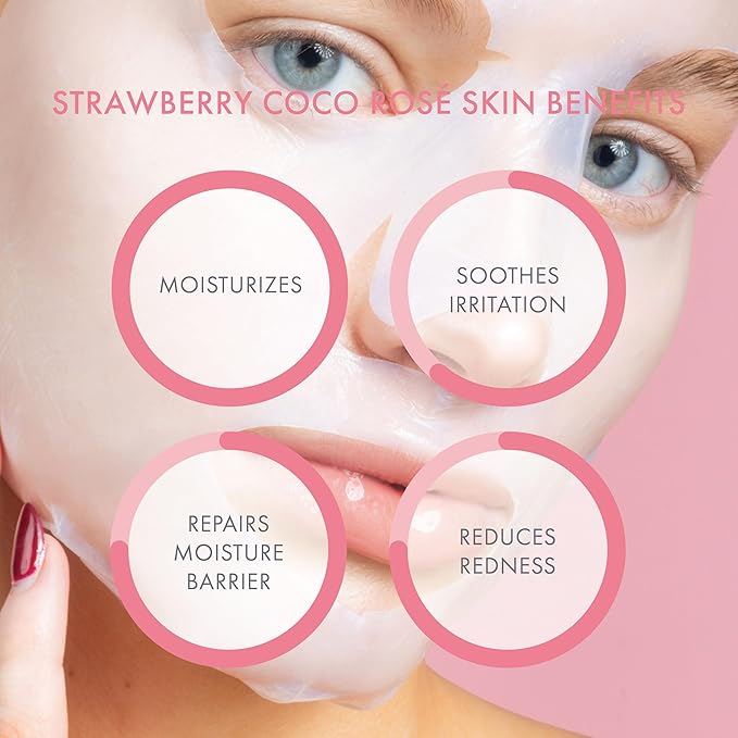ESW Beauty Strawberry Coco Rosé Soothing Face Mask - Hydrating, Calming, Vegan Face Mask with Coconut Water, Green Tea, & Strawberry Extract for Sensitive Skin