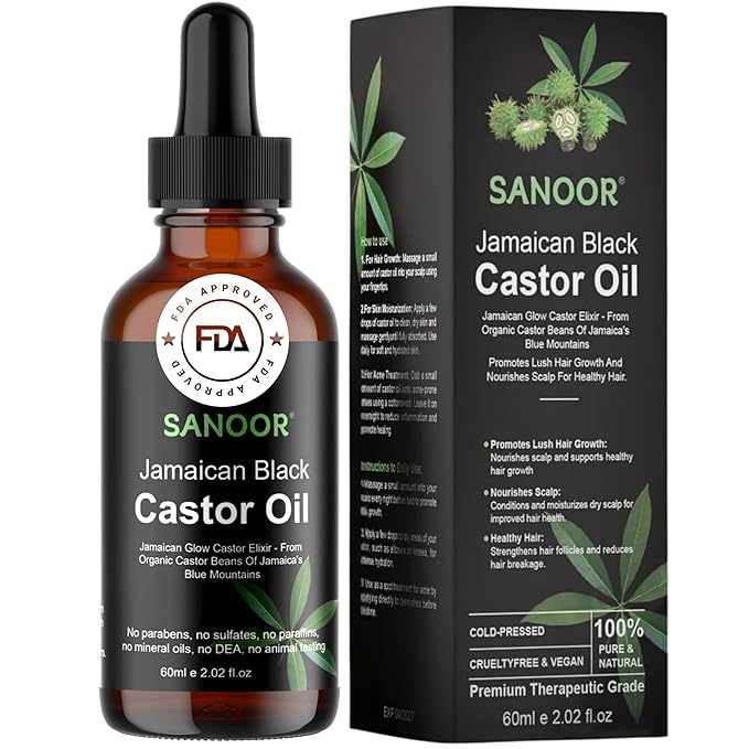 SANOOR Jamaican Glow Castor Elixir Oil | 100% Pure and Natural - Premium Grade Leave In Oil for Hair Growth, Eyelashes and Eyebrows| Infused with Nutrients Pure Hair Butter | Cold-pressed | 60ml