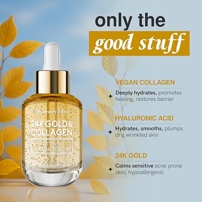 The Beauty Elixir Collagen Serum For Face with 24k Gold - Dermatologist Tested - Anti Aging, Ultra Hydrating, Fine Lines & Wrinkle Treatment - Clean Beauty Korean Skin Care for All Skin Types - 1.69oz