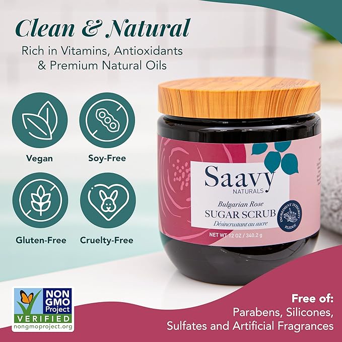 Saavy Naturals Body Scrub - Scented Sugar Rose Extract, Natural Body Scrub & Vegan Exfoliating with Vitamin E, Gentle for Sensitive Skin – Made in USA – Bulgarian Rose (1 Pack) - 12 oz