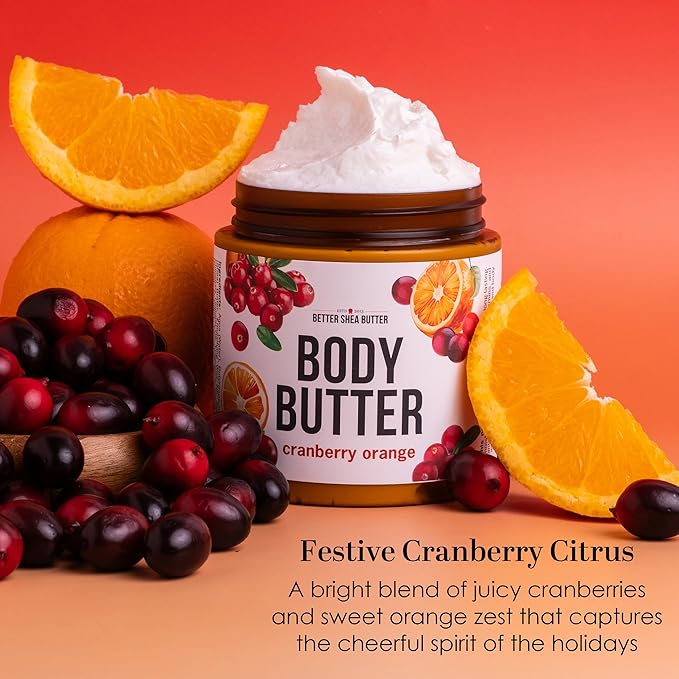 Cranberry Orange Body Butter with Raw Shea Butter and Jojoba Oil, Body Moisturizer for Dry Skin, Sweet Citrus Hydrating Lotion for Women and Men