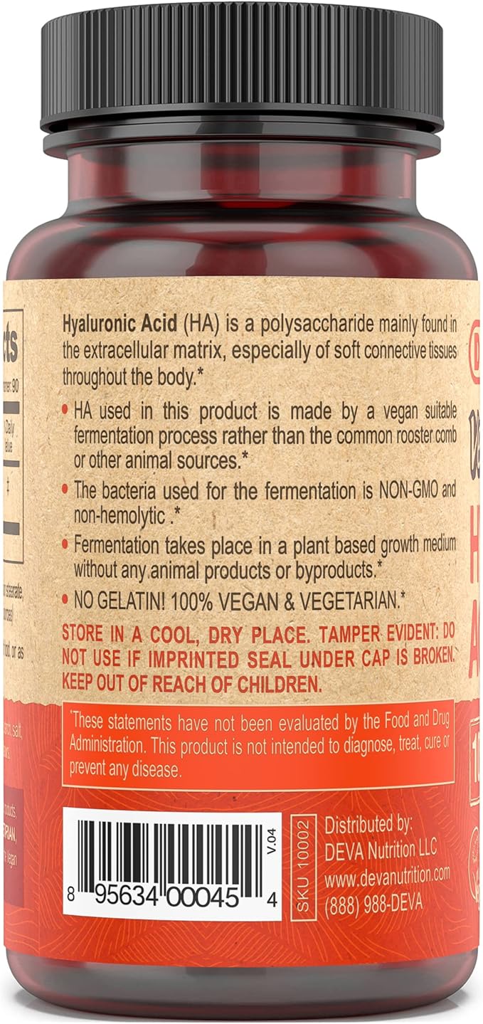 DEVA Nutrition Vegan Hyaluronic Acid 100 MG - Non-GMO and Hemolytic-Free - 90 Tablets, 1-Pack