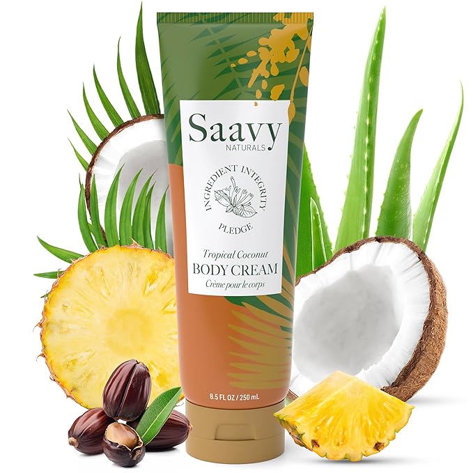 Saavy Naturals Deeply Hydrating Body Cream for Dry Skin – Nourishing Shea Butter, Plant-Based & Sustainably Sourced – Tropical Coconut – 8.5 fl oz