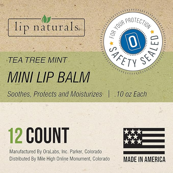 Lip Naturals® | Mini Tea Tree Balm with Sunscreen (SPF-15) | Made in USA with Coconut Oil, Tea Tree Oil, and Peppermint Oil | 12-Count Mini Lip Balm Pack with Tea Tree Mint Flavor (0.10oz/3g Each)