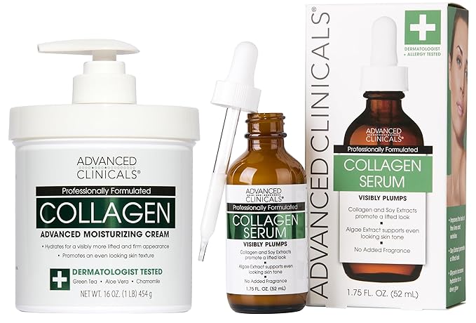 Advanced Clinicals Unscented Collagen Body Cream + Collagen Serum For Face 2PC Skincare Set | Face Serum & Body Lotion For Women & Men Helps Improve Look Of Wrinkles & Dry Skin, Fragrance Free, 2pc