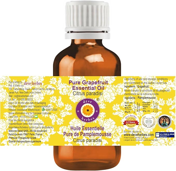 Deve Herbes Pure Grapefruit Essential Oil (Citrus paradisi) Steam Distilled 5ml (0.16 oz)