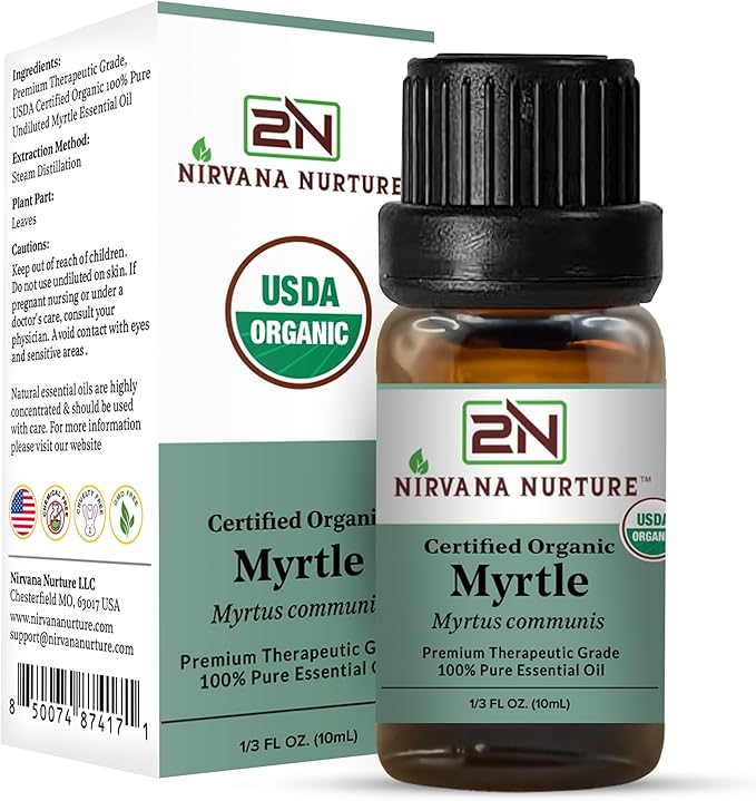 Myrtle Essential Oil, USDA Certified Organic, 100% Pure Undiluted, Aromatherapy Oil for Diffuser, Hair & Skin Care