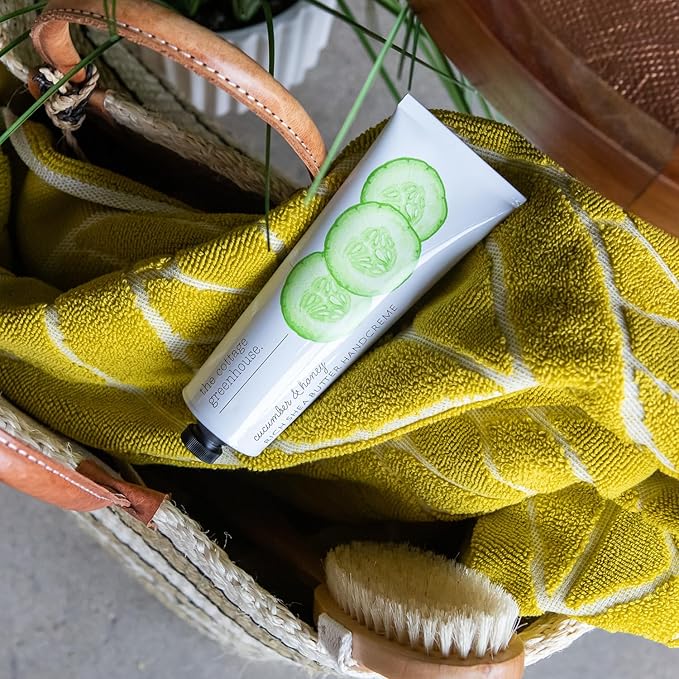 The Cottage Greenhouse Cucumber & Honey Handcreme, 4 oz, Hydrating & Moisturizing Hand Cream for Dry, Cracked Hands, Luxury Purse Essential Lotion for Women