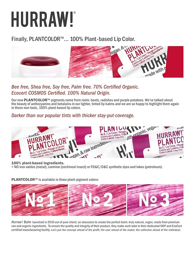 Hurraw! Plantcolor Lip Color No. 1: Red shade. Highly pigmented tinted balm and lipstick alternative. Vegan and all-natural. Easy application. Buildable. First of its kind. Made in USA