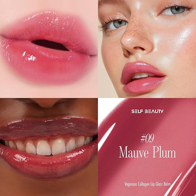 self beauty Veganize Collagen Lip Glass Balm | Hydrating Lip Balm in 9 Vibrant Colors | Moisturizing Lip Care Infused with Collagen Jelly Magic | No Animal Trial Lip Balm 0.06 oz (#9 Mauve Plum)
