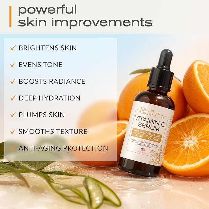 Ella & Eden Vitamin C Serum for Face - Hyaluronic Acid, Aloe Vera, Vitamin E, CoQ10 - Anti-aging, Skin Brightening - Paraben-Free, Fragrance-Free, Suitable for All Skin Types - 1 Fl Oz